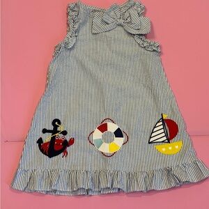 GoodLad Girls Striped Seersucker Ruffled Nautical Sailboat Crab Anchor Dress 3T